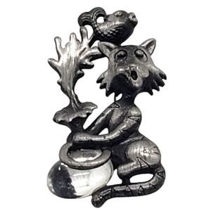Vintage Pewter Kitty Cat Pin Brooch Fish Jumping Out of Glass Fishbowl Cute!